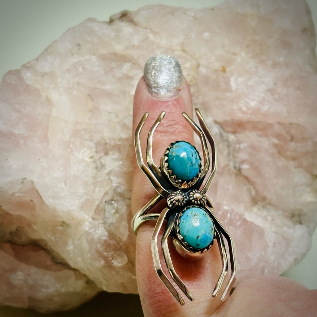 Vintage Genuine Turquoise Sterling Silver Spider Ring Size 7